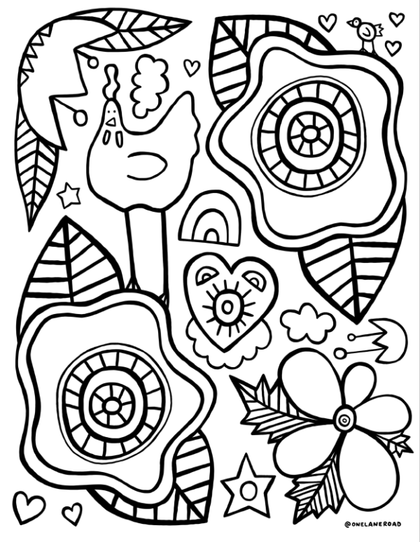 Flowers and Chicken Coloring Page - FREE